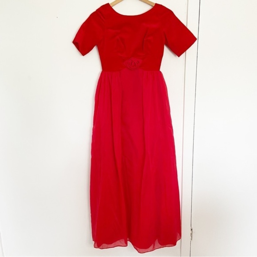 Vintage 50’s 60’s bright‎ red velvet chiffon long dress gown elbow sleeve